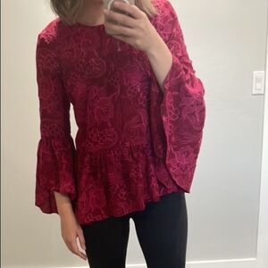 EUC Devlin Red with Pink Embroidered Flowers Asymmetrical Bell Sleeve Small Top